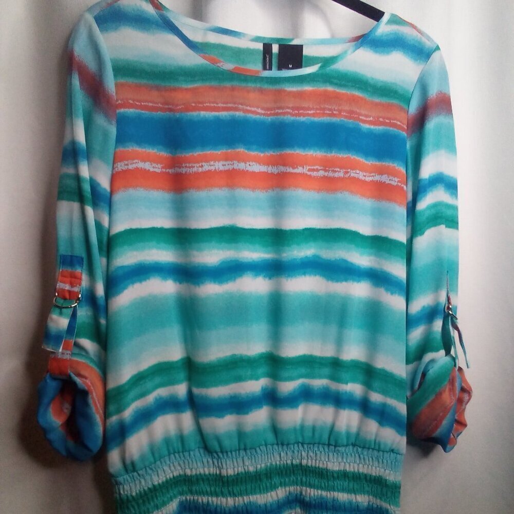 New Directions Blouse Women M Roll Tab Sleeve Beach Tropical Elastic Waist Blue